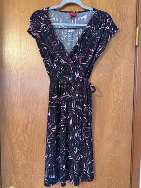 Merona Black and Purple Abstract Wrap-Style Midi Dress